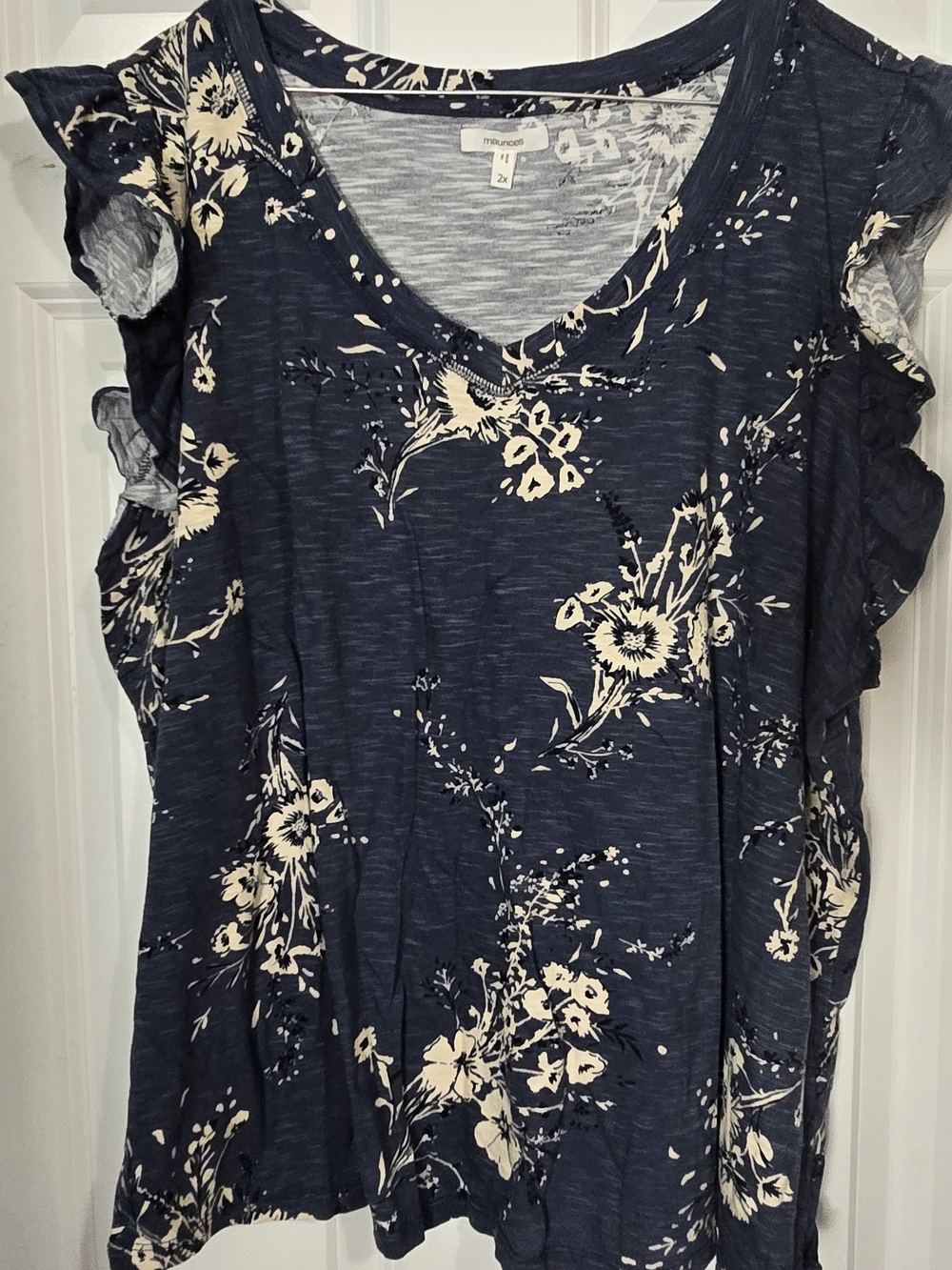 Maurices Navy and Cream Floral Ruffle Sleeve Tunic